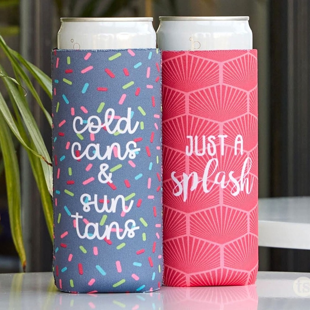 Tastefully Simple 2-Pack Slim Neoprene Insulated Can Coolers Blue/Pink Summer